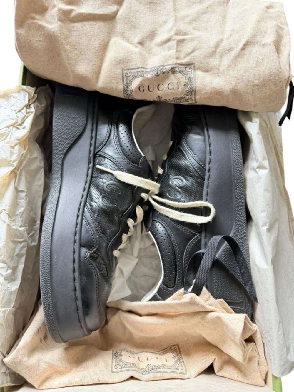 Gucci Embossed  Black Leather Chunky Sneakers with Cream Laces - Picture 3 of 9